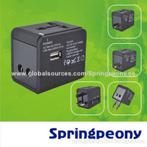 Universal Travel Adapter/Plug with 110-250V AC Input, SGS, CE, FCC, RoHS Marks